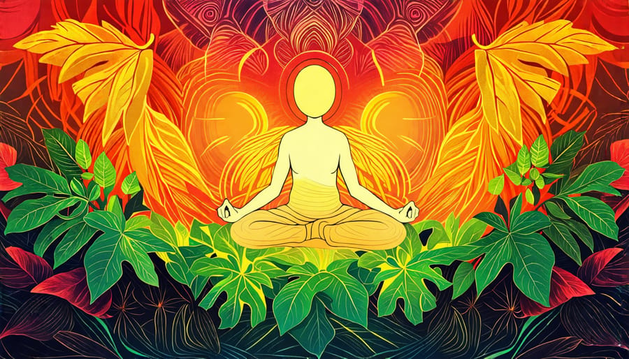 Combination of holistic wellness activities such as yoga, with kratom leaves illustrated