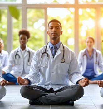 A diverse group of international medical graduates practicing mindfulness with kratom leaves in the background, symbolizing the integration of stress management strategies in Canadian healthcare.