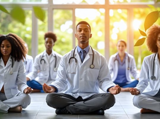 A diverse group of international medical graduates practicing mindfulness with kratom leaves in the background, symbolizing the integration of stress management strategies in Canadian healthcare.