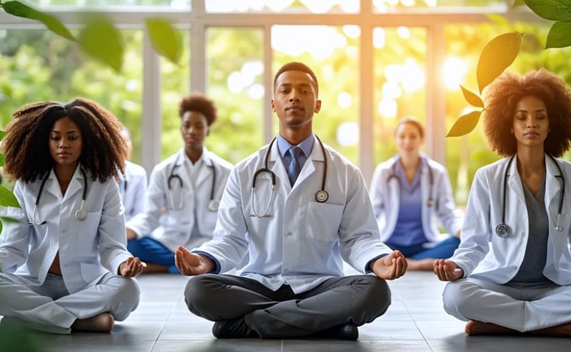 A diverse group of international medical graduates practicing mindfulness with kratom leaves in the background, symbolizing the integration of stress management strategies in Canadian healthcare.