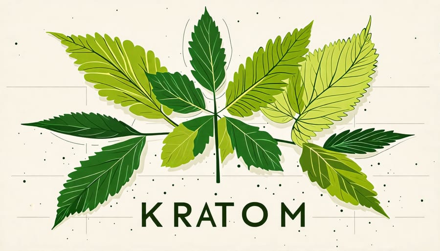 Illustration showing kratom leaves with different strains and labeling