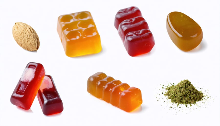 Colorful CBD gummies with cannabis leaf symbols representing their composition