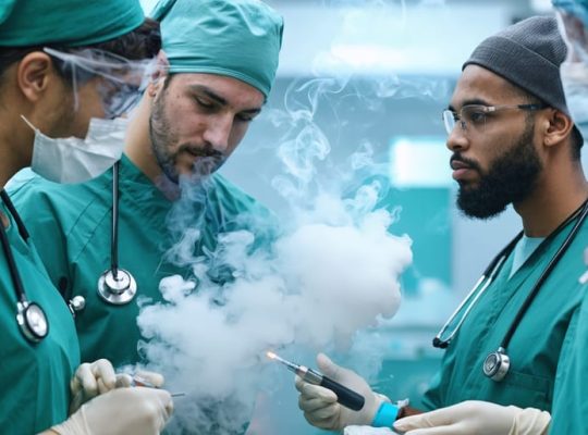 Conceptual illustration showing diverse healthcare professionals, including International Medical Graduates, working together in a hospital to address the impact of vaping on the Canadian healthcare system.