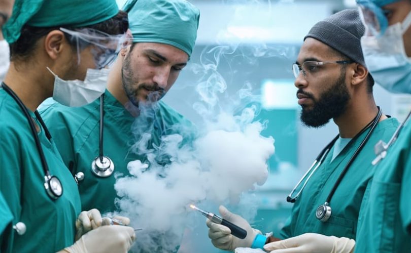 Conceptual illustration showing diverse healthcare professionals, including International Medical Graduates, working together in a hospital to address the impact of vaping on the Canadian healthcare system.